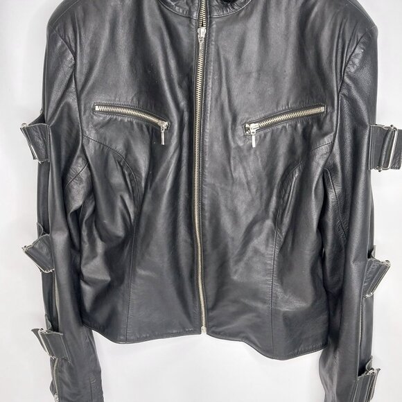 Leather jacket with silver buckles/zippers down sleeves Harley Davidson patch - Picture 1 of 5
